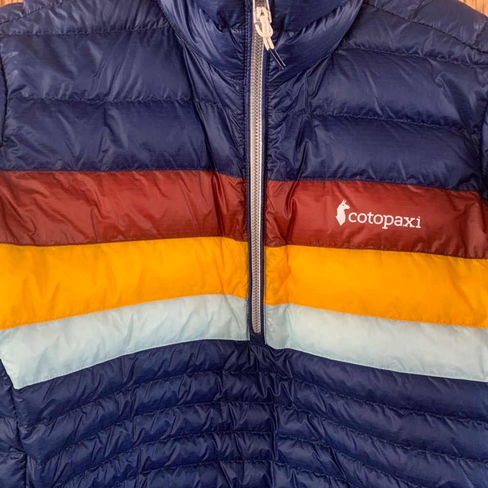 cotopaxi Navy Puffer Pullover with Red, Yellow & Light Blue Stripes - Picture 2 of 4